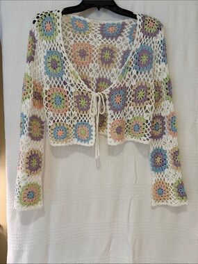 Tie-Front Crochet Openwork Cardigan - Pastel Multi on White